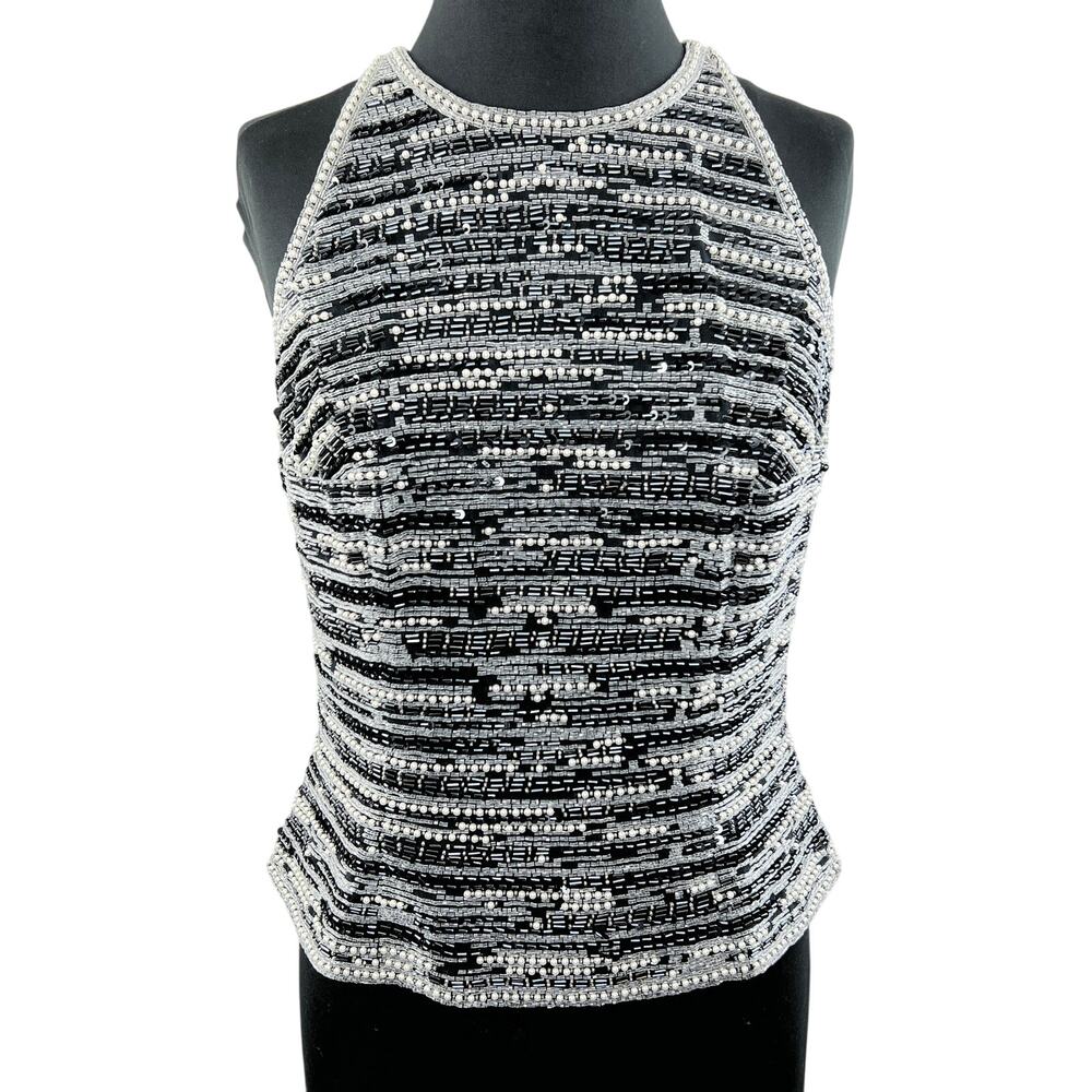 VTG Black Tie Oleg Cassini Silk Bead Pearl Silver Black Evening Blouse Top 10